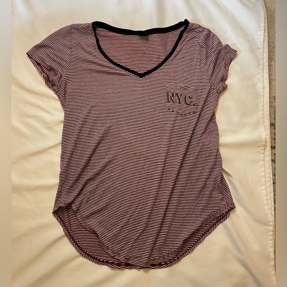 The Clas-sic size medium red and white striped v-neck t shirt